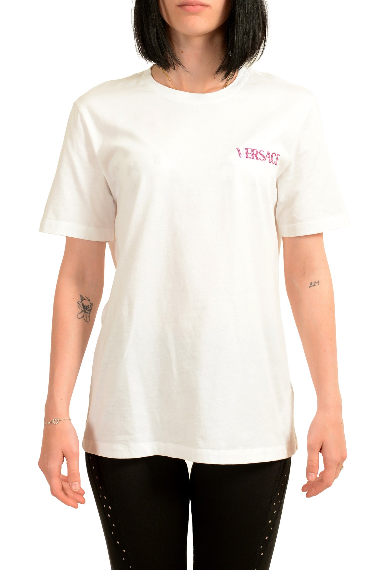 Versace Women's White & Pink Strass Logo Embellished Crewneck T-Shirt US S IT 40