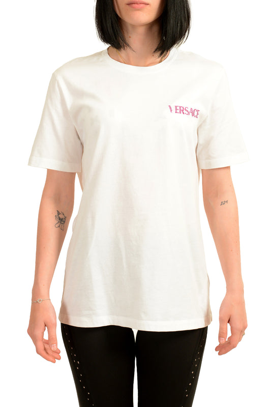 Versace Women's White & Pink Strass Logo Embellished Crewneck T-Shirt US S IT 40
