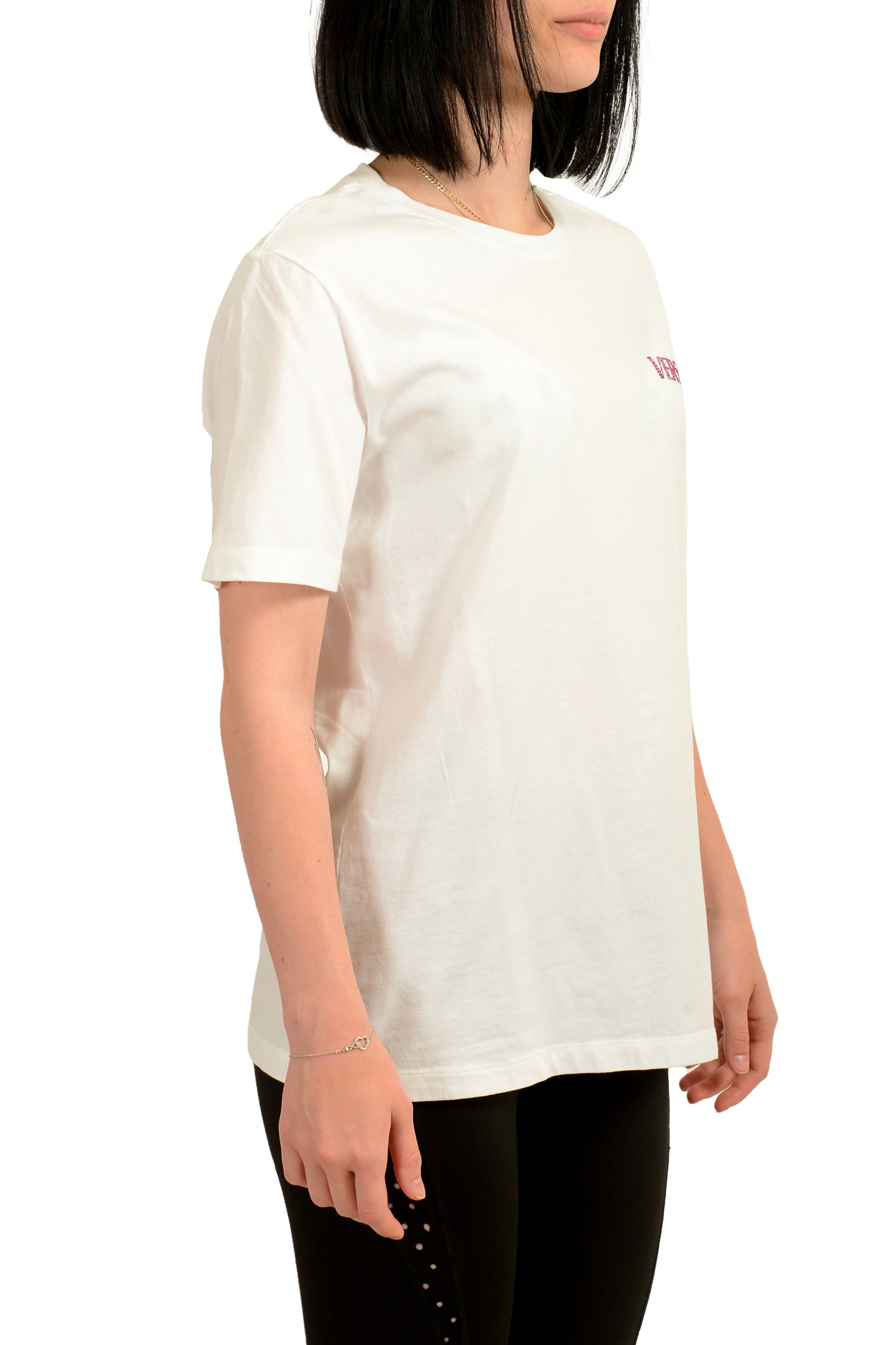 Versace Women's White & Pink Strass Logo Embellished Crewneck T-Shirt US S IT 40