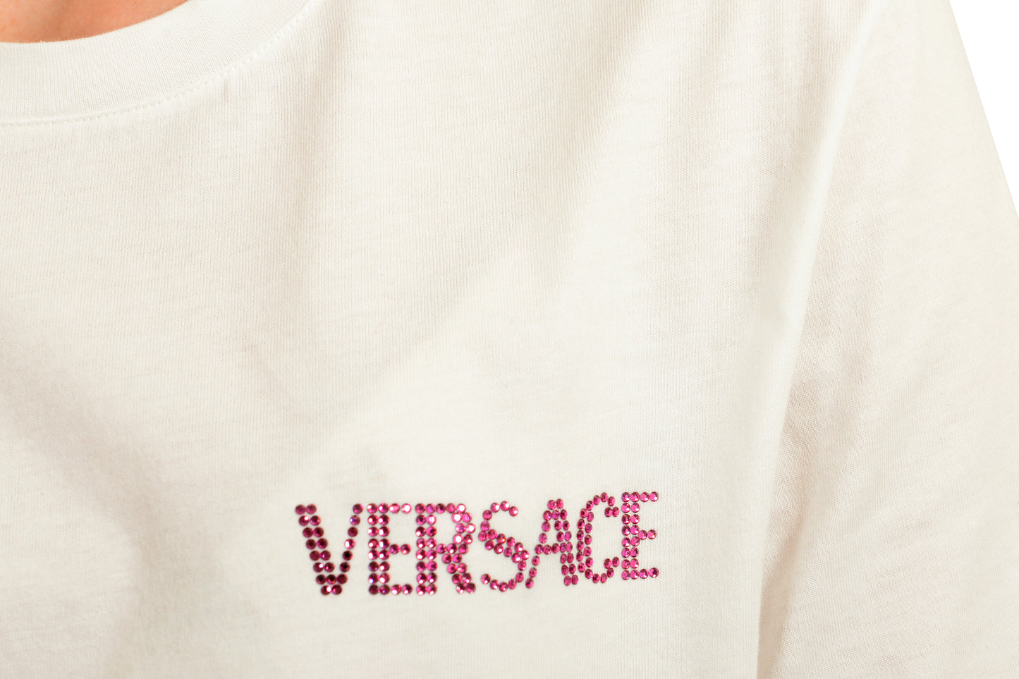 Versace Women's White & Pink Strass Logo Embellished Crewneck T-Shirt US S IT 40