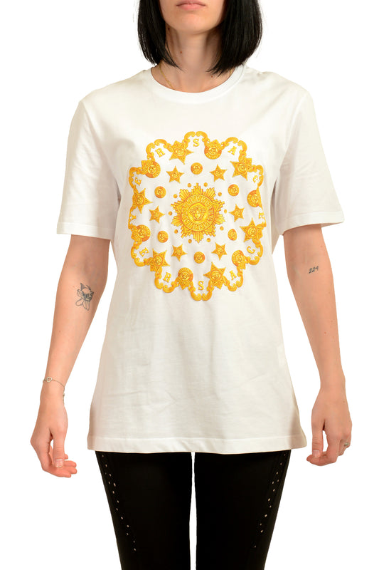 Versace Women's White & Gold Medusa Head Logo Crewneck T-Shirt US M IT 42