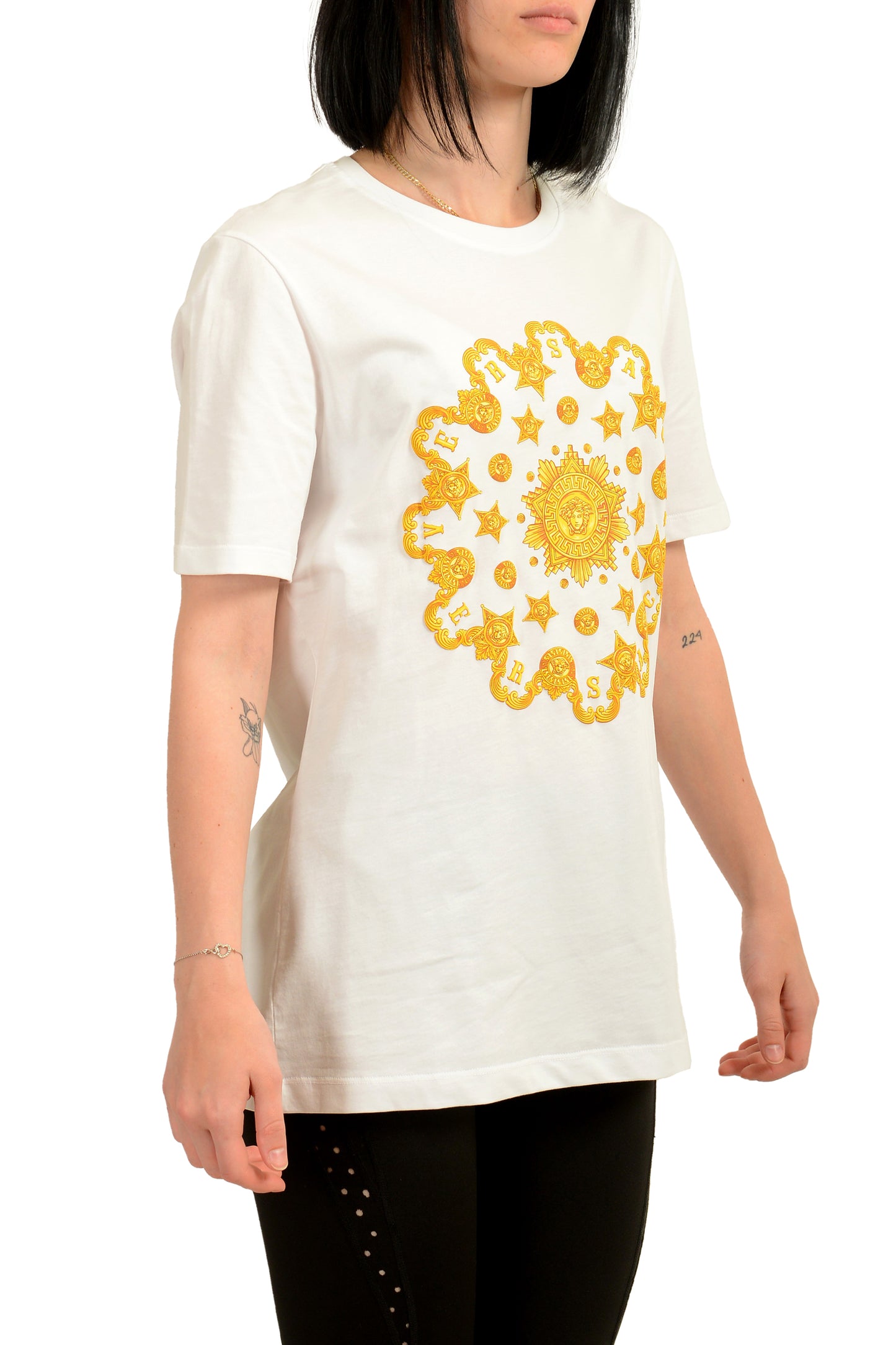 Versace Women's White & Gold Medusa Head Logo Crewneck T-Shirt US M IT 42