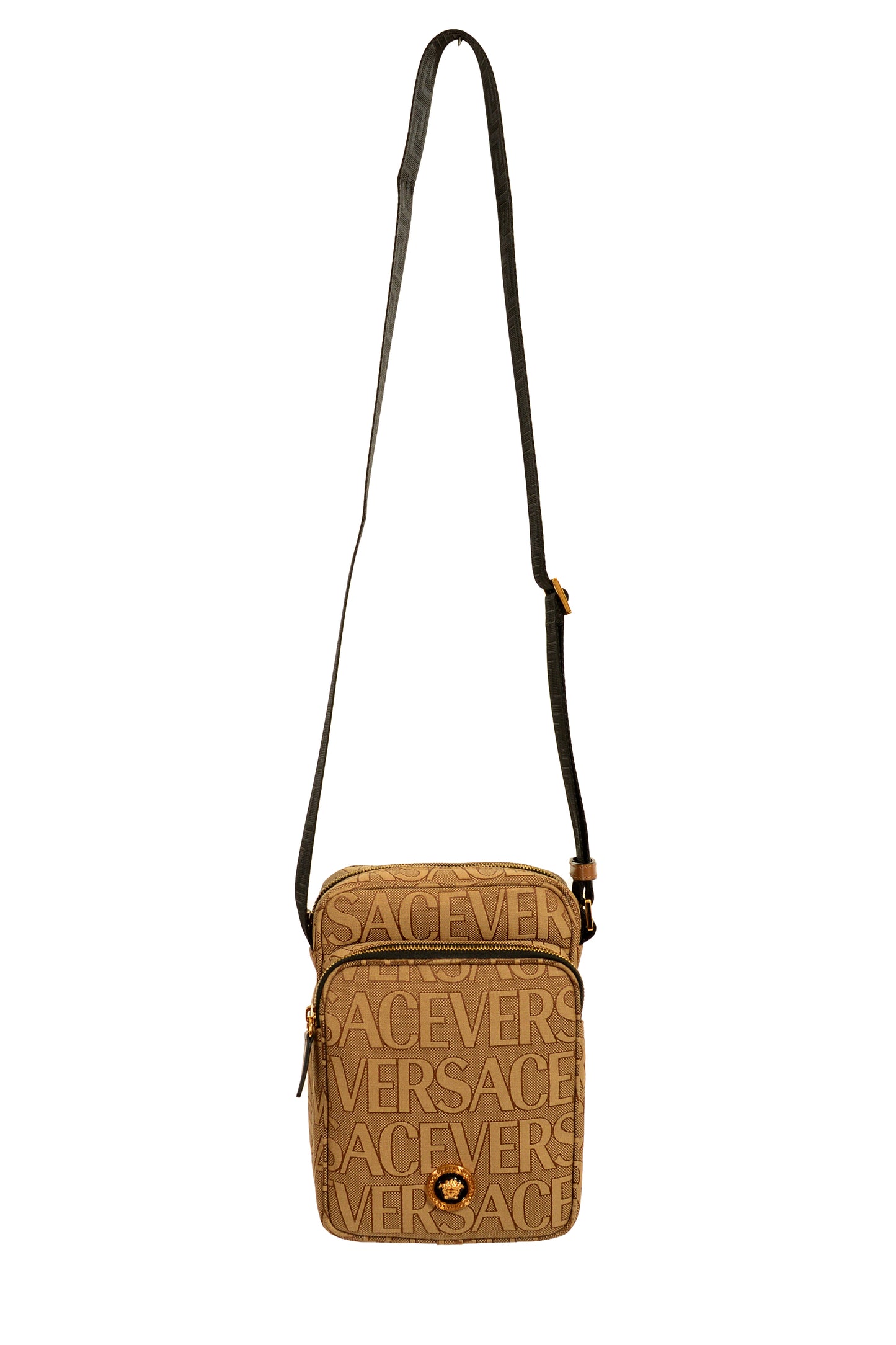 Versace Unisex Gold Medusa Logo Print Canvas Crossbody Shoulder Bag