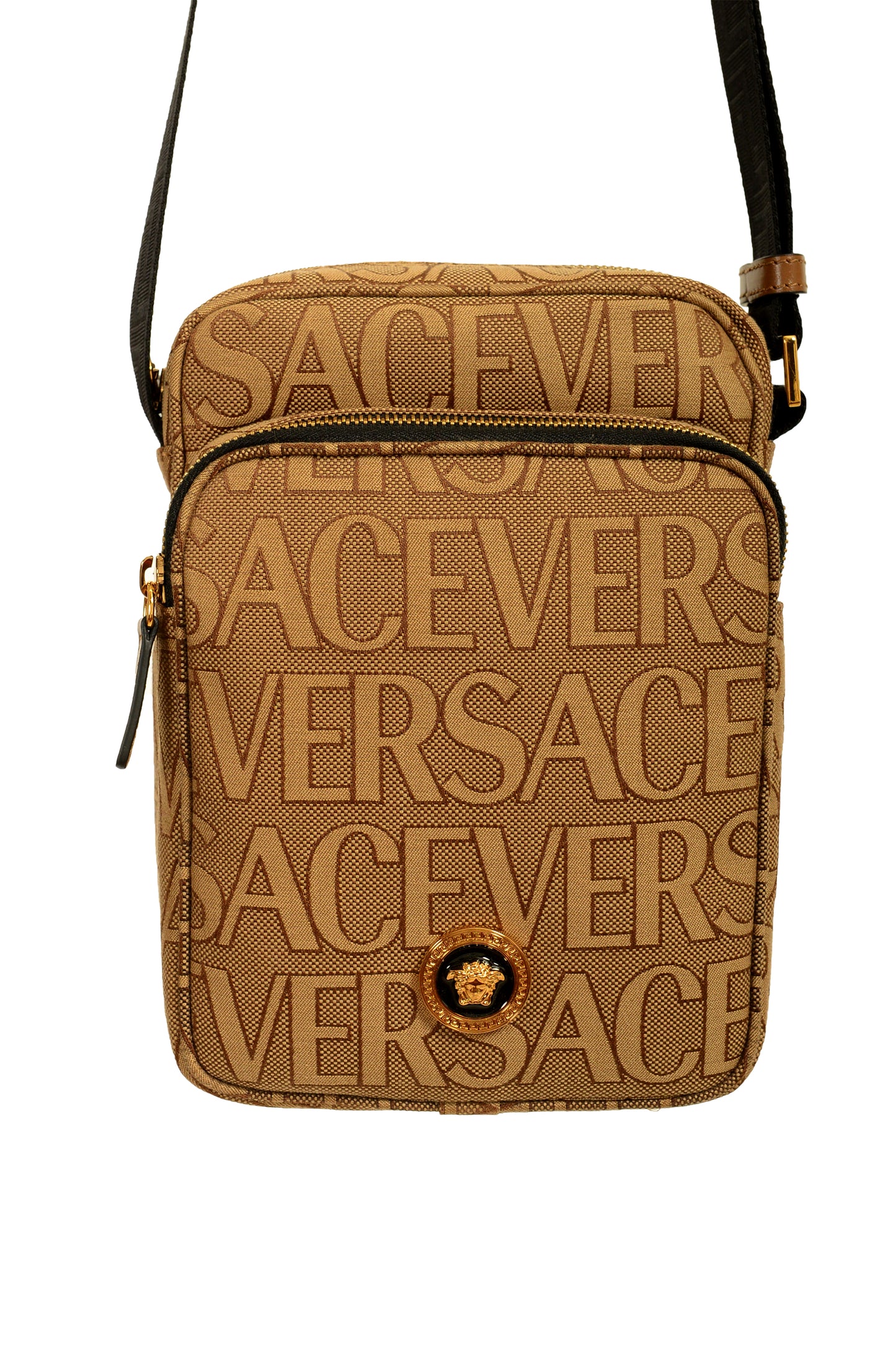 Versace Unisex Gold Medusa Logo Print Canvas Crossbody Shoulder Bag