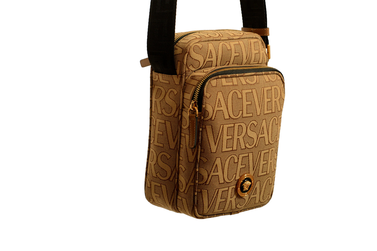 Versace Unisex Gold Medusa Logo Print Canvas Crossbody Shoulder Bag