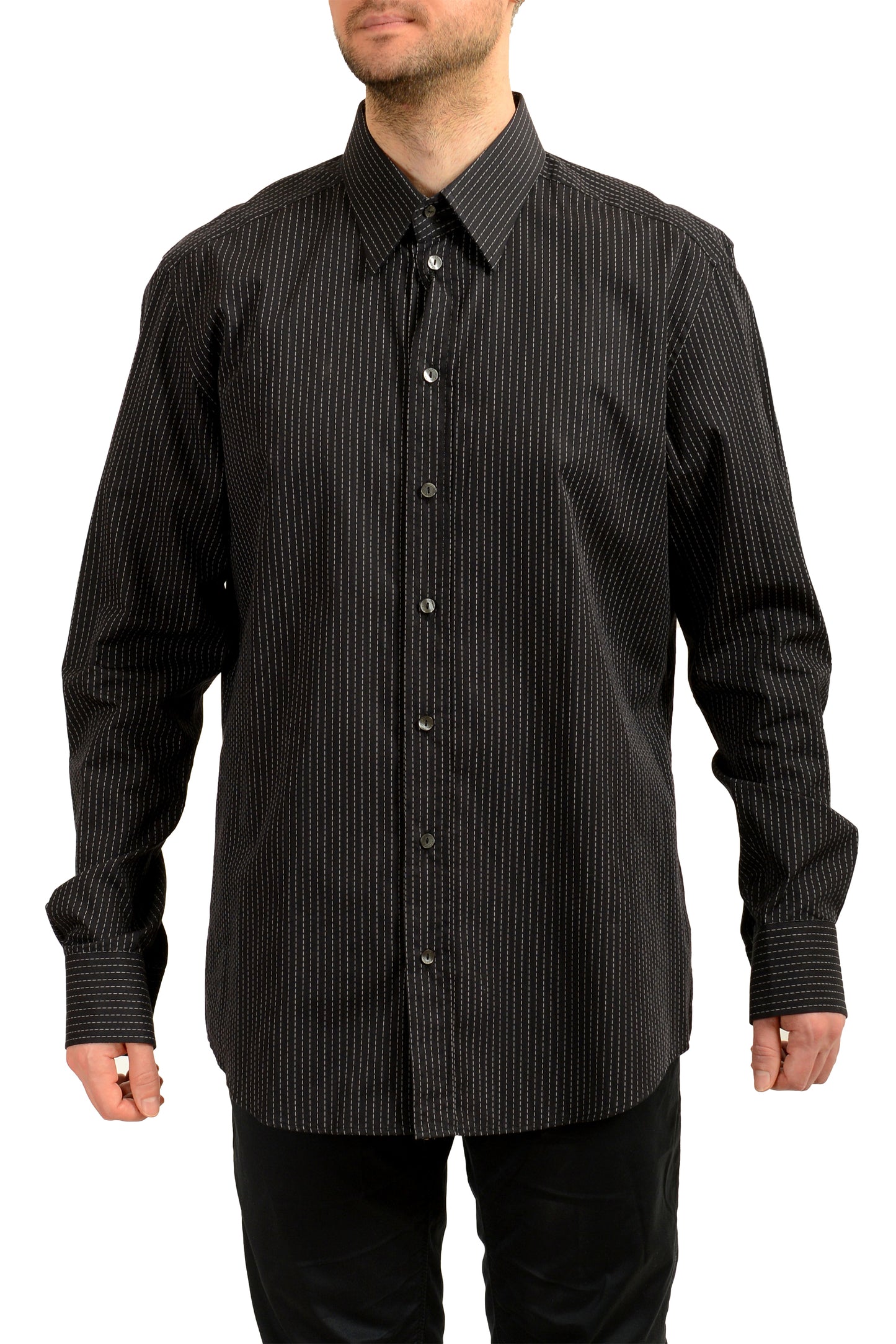 Dolce & Gabbana Men's Slim Fit Black Striped Long Sleeve Dress Shirt US 18 IT 45
