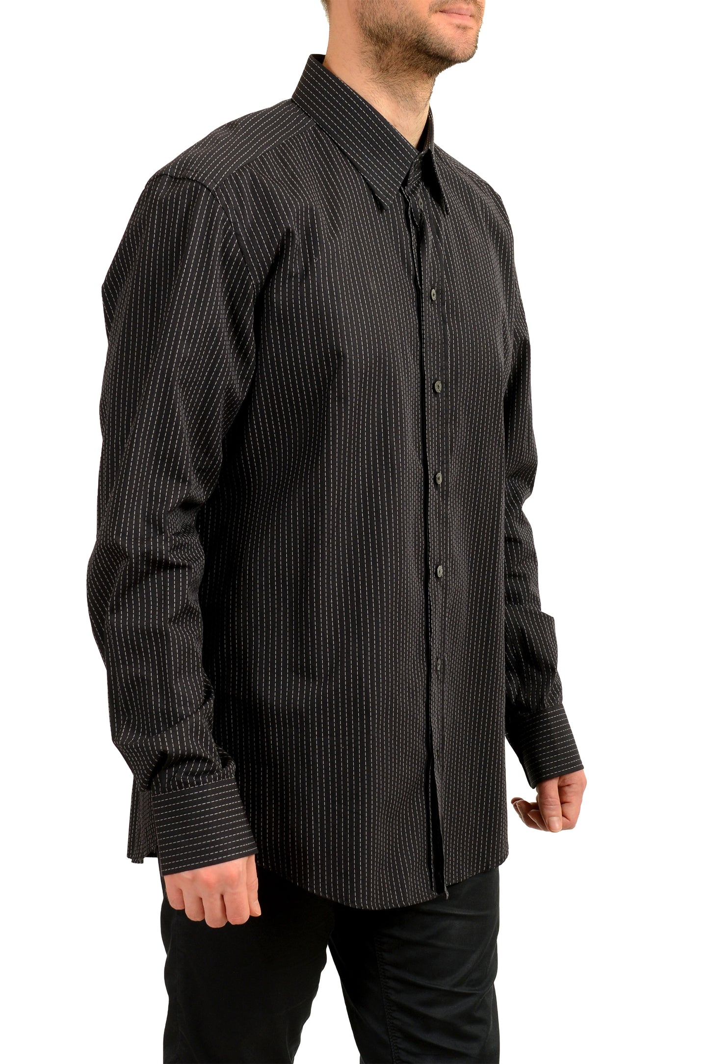 Dolce & Gabbana Men's Slim Fit Black Striped Long Sleeve Dress Shirt US 18 IT 45