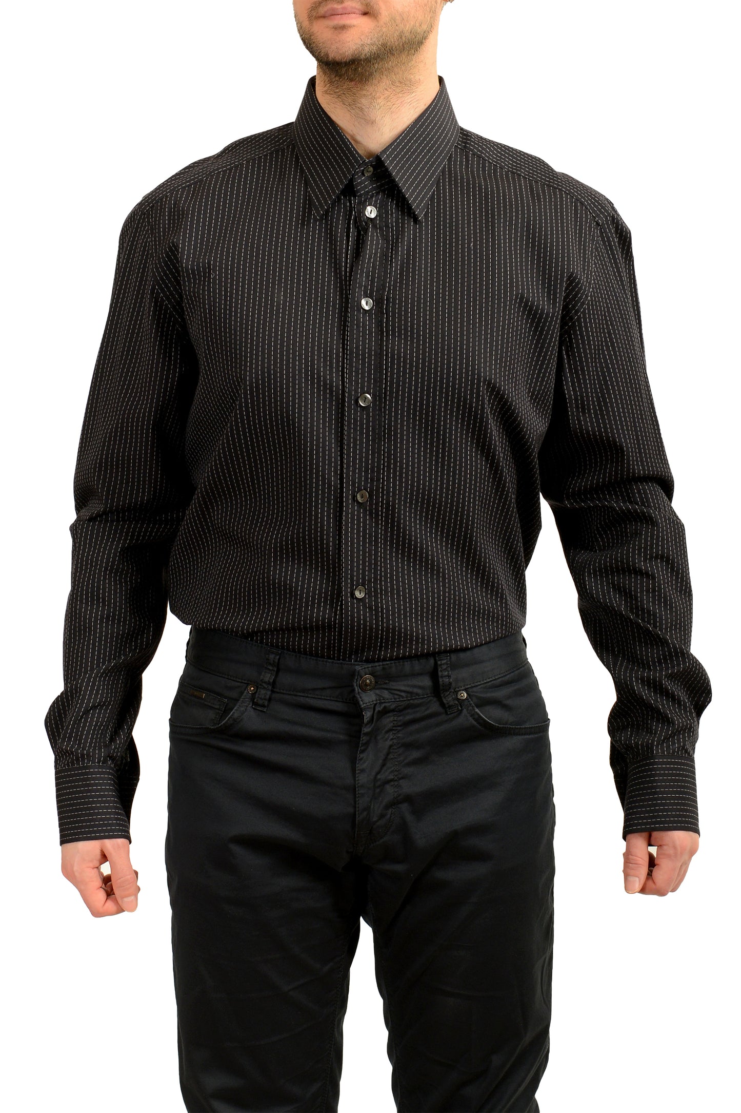 Dolce & Gabbana Men's Slim Fit Black Striped Long Sleeve Dress Shirt US 18 IT 45