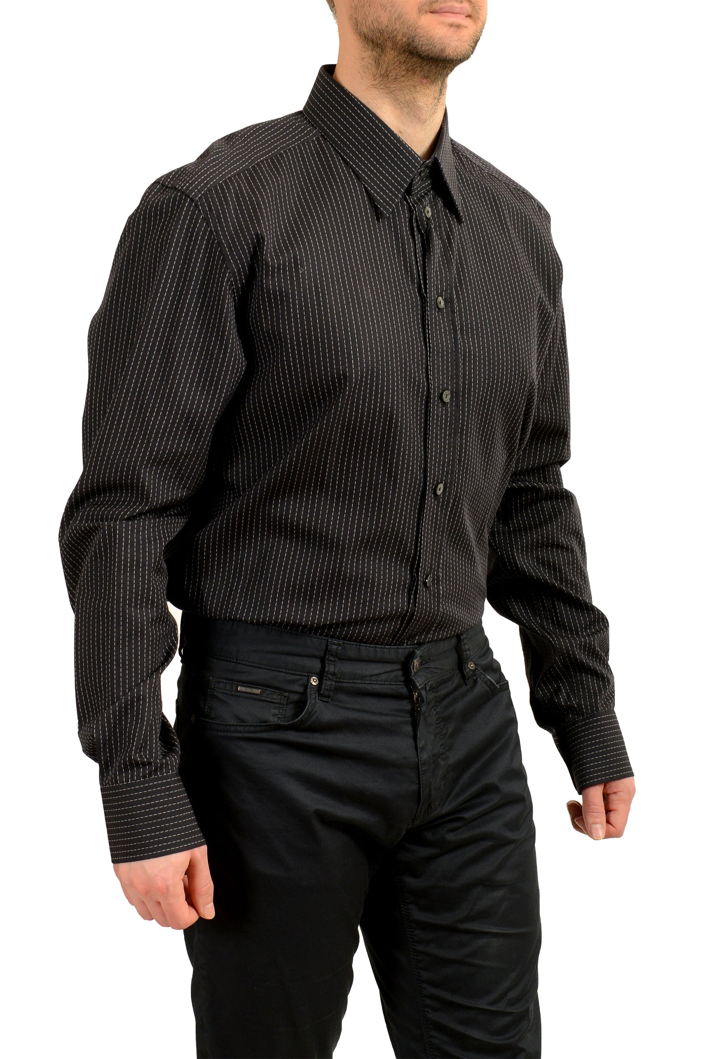Dolce & Gabbana Men's Slim Fit Black Striped Long Sleeve Dress Shirt US 18 IT 45