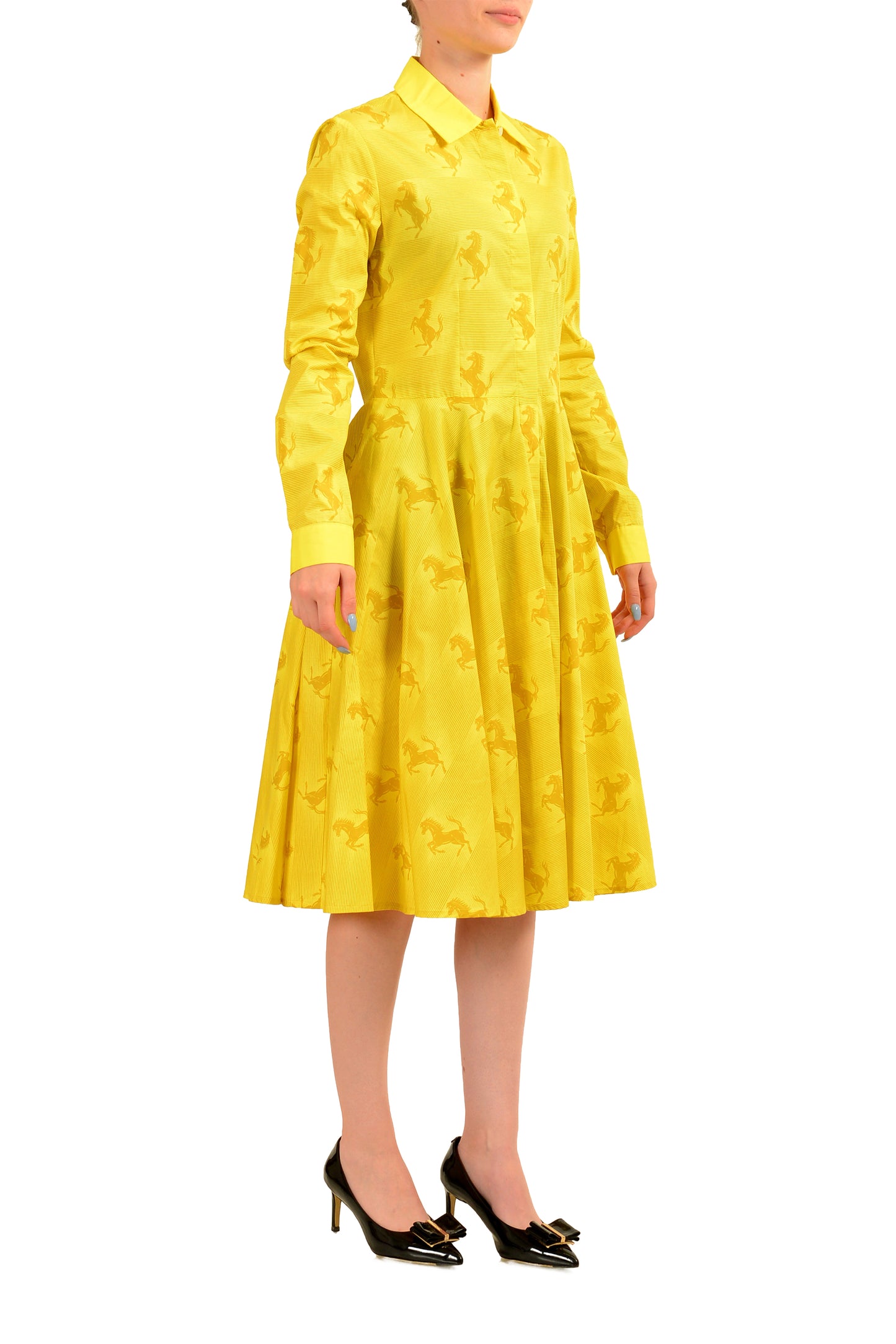 Scuderia Ferrari Women's Yellow Logo Print LS Fit & Flare Dress US M IT 42