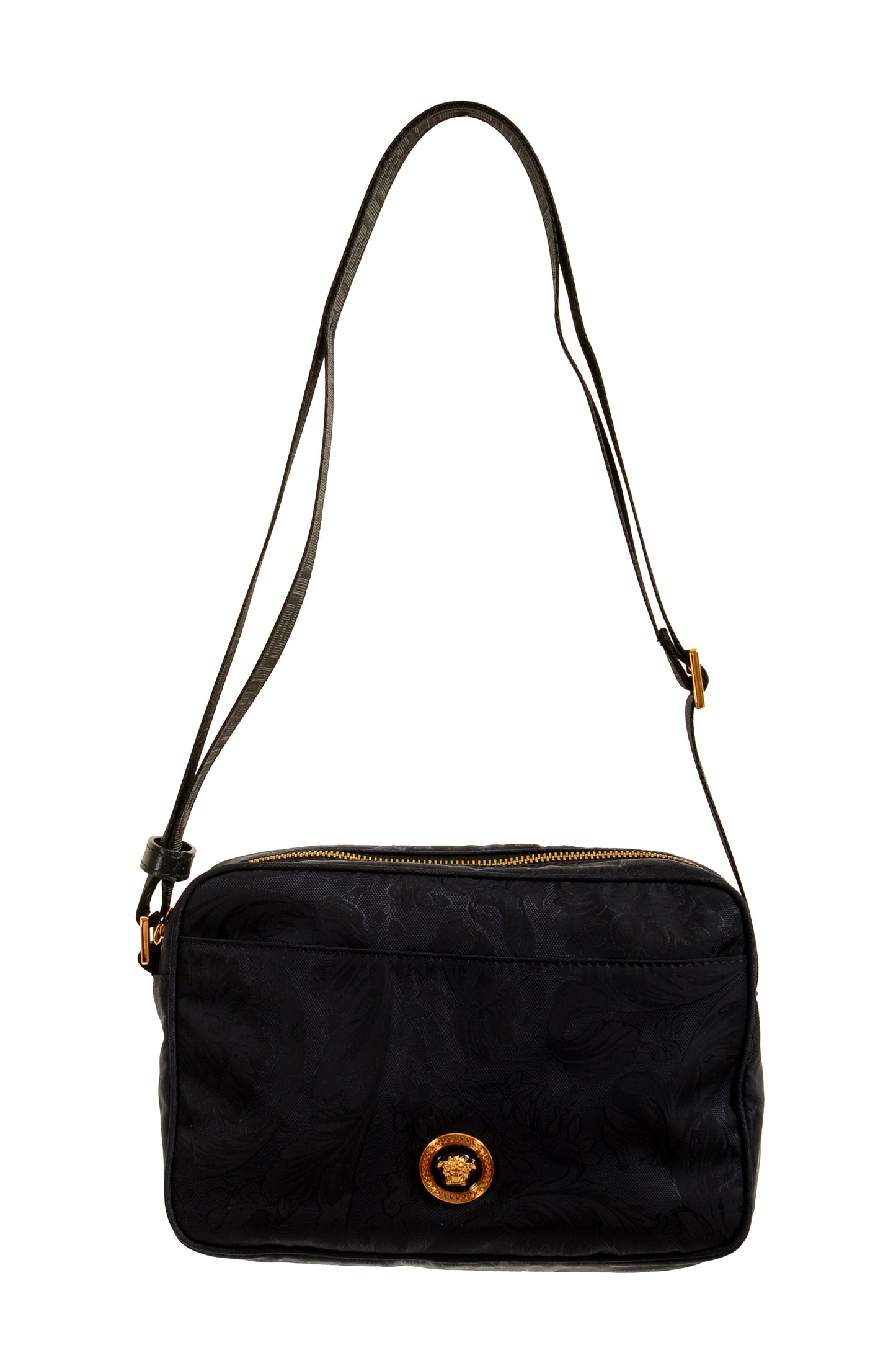 Versace Unisex Floral Print Navy Blue Gold Medusa Crossbody Bag