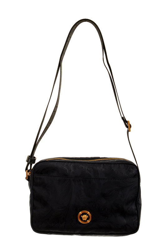 Versace Unisex Floral Print Navy Blue Gold Medusa Crossbody Bag