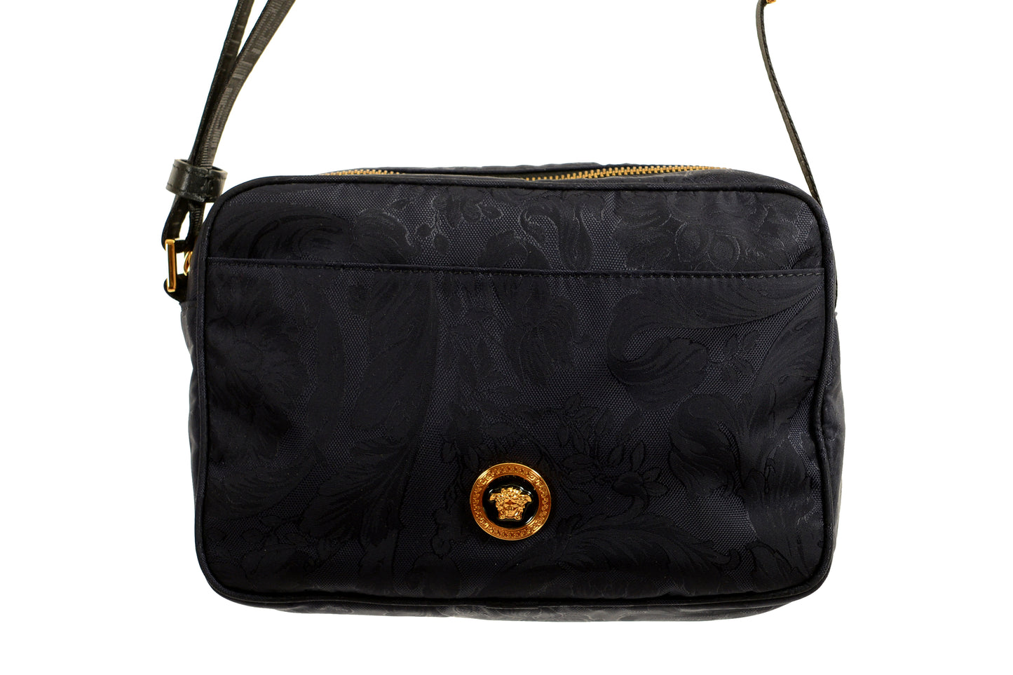 Versace Unisex Floral Print Navy Blue Gold Medusa Crossbody Bag