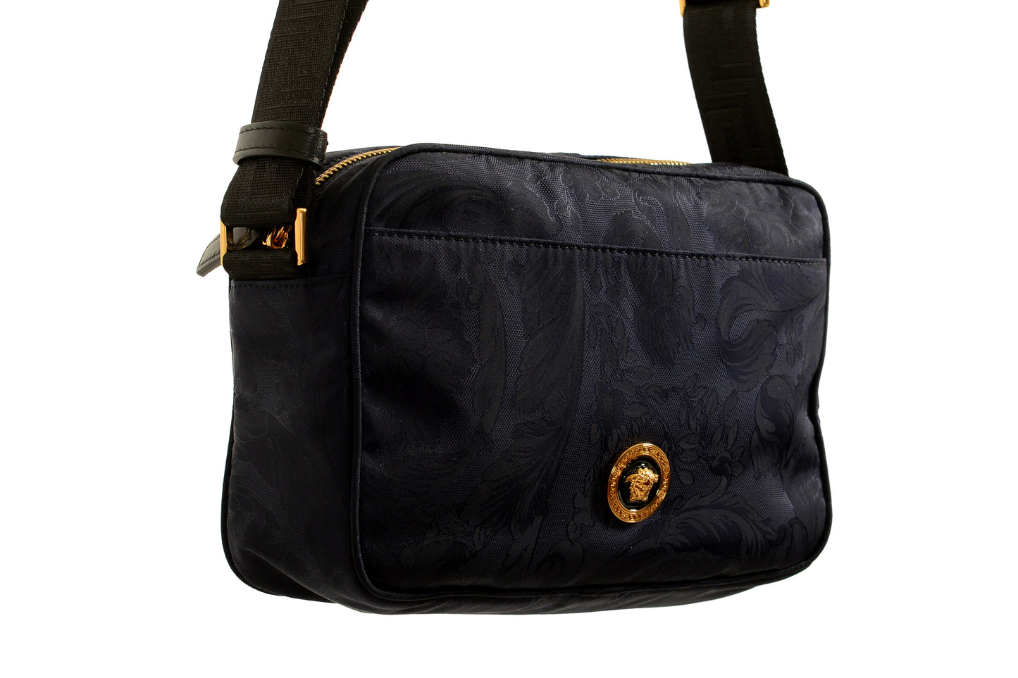 Versace Unisex Floral Print Navy Blue Gold Medusa Crossbody Bag