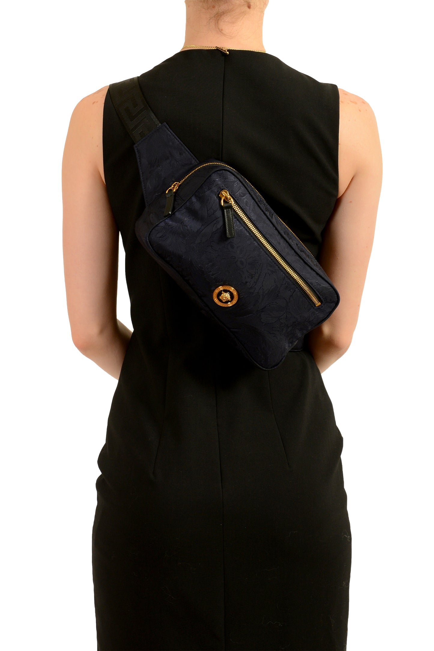 Versace Unisex Floral Print Navy Blue Gold Medusa Funny Belt Bag