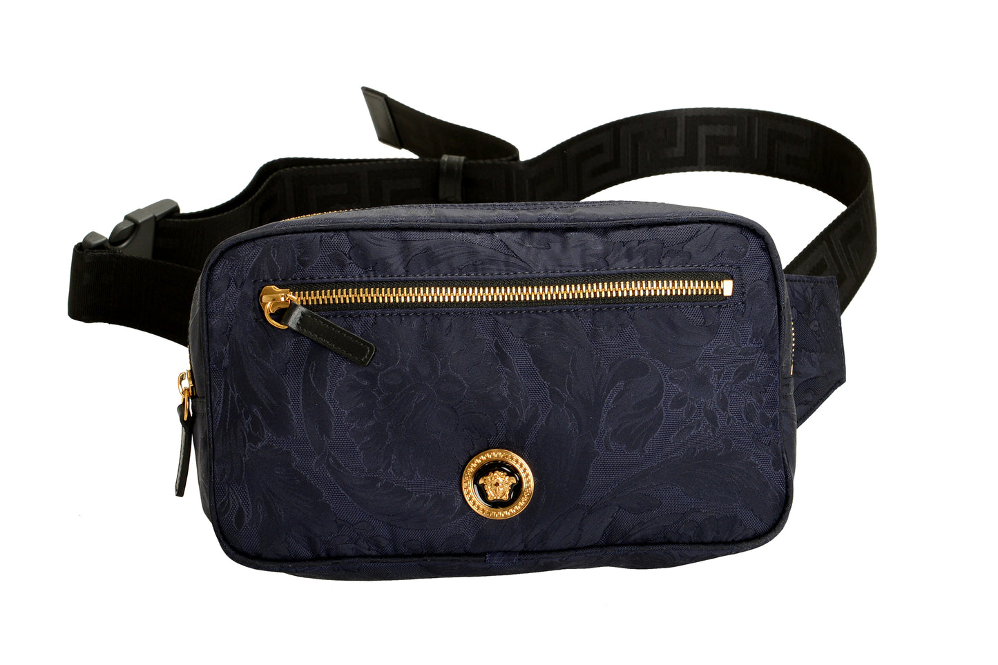 Versace Unisex Floral Print Navy Blue Gold Medusa Funny Belt Bag