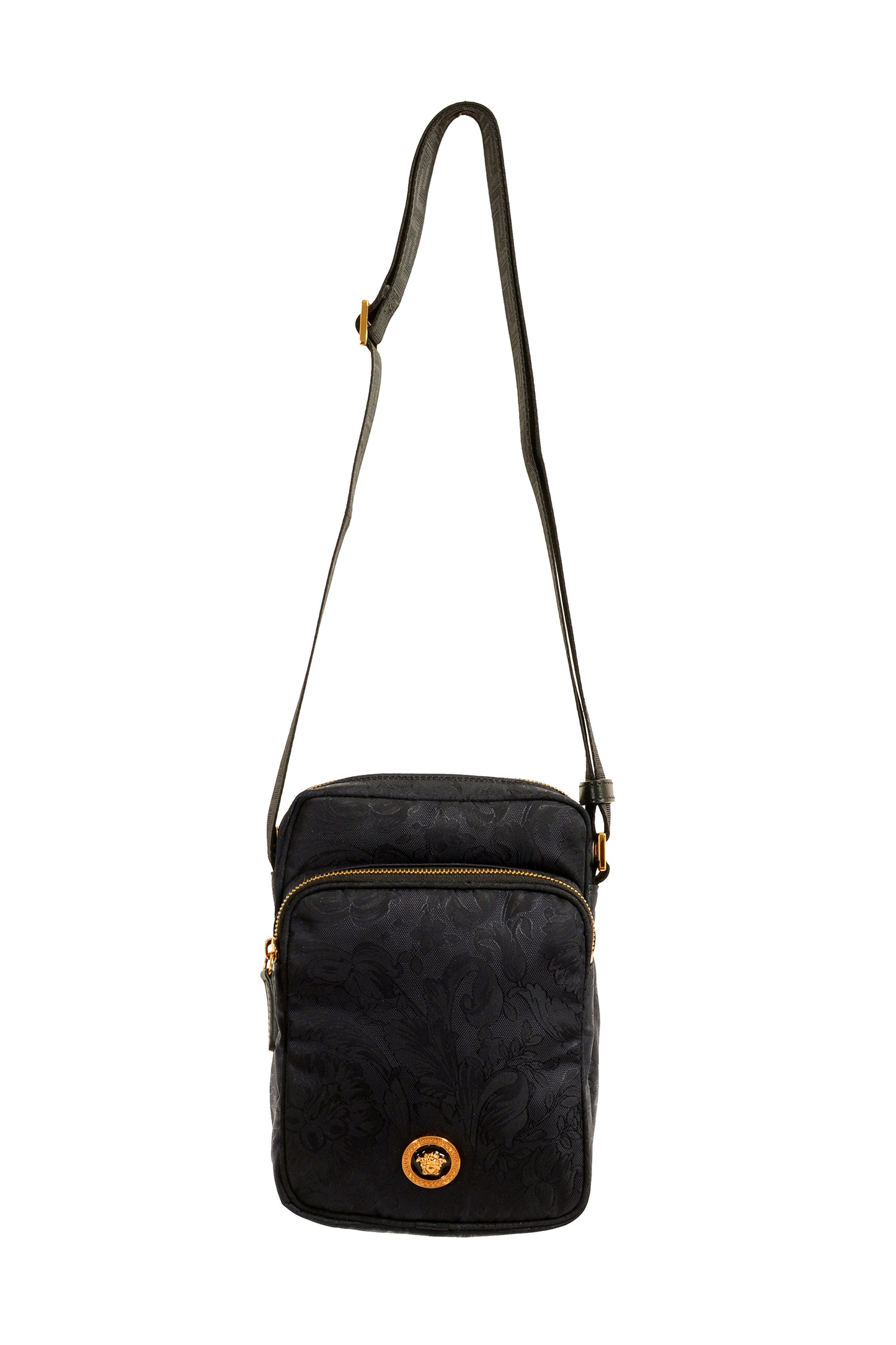 Versace Unisex Floral Print Navy Blue Gold Medusa Handbag Crossbody Bag