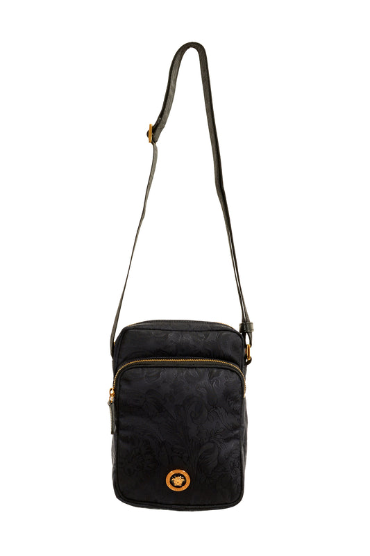 Versace Unisex Floral Print Navy Blue Gold Medusa Handbag Crossbody Bag
