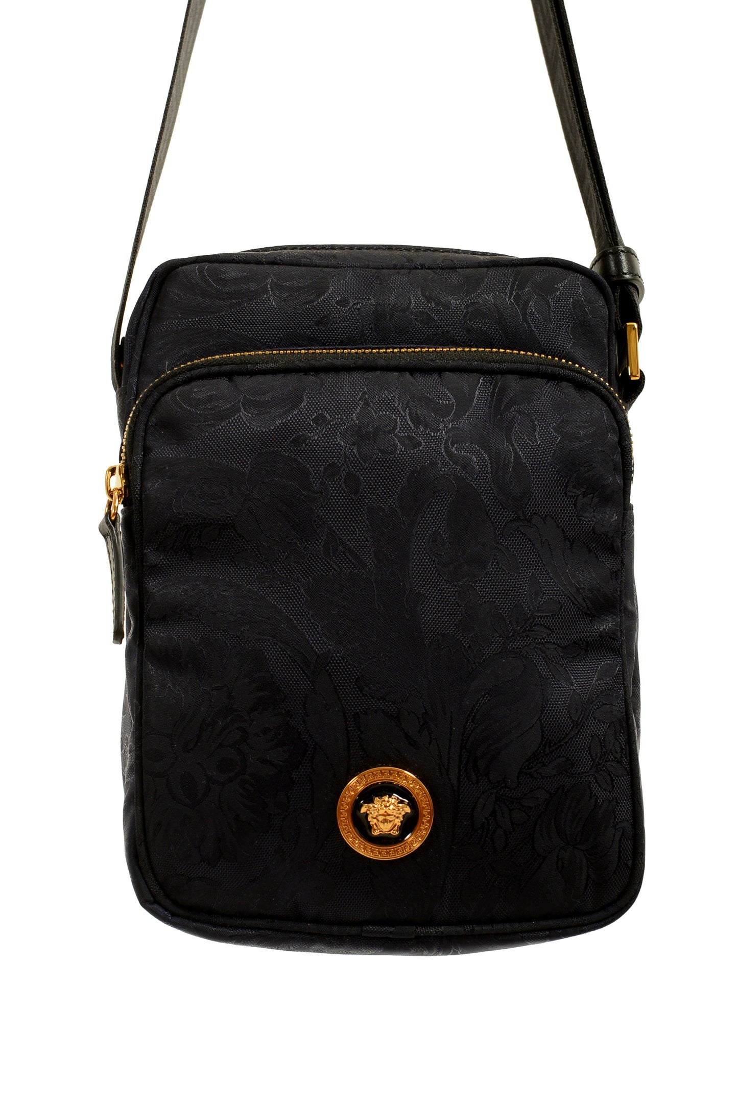 Versace Unisex Floral Print Navy Blue Gold Medusa Handbag Crossbody Bag