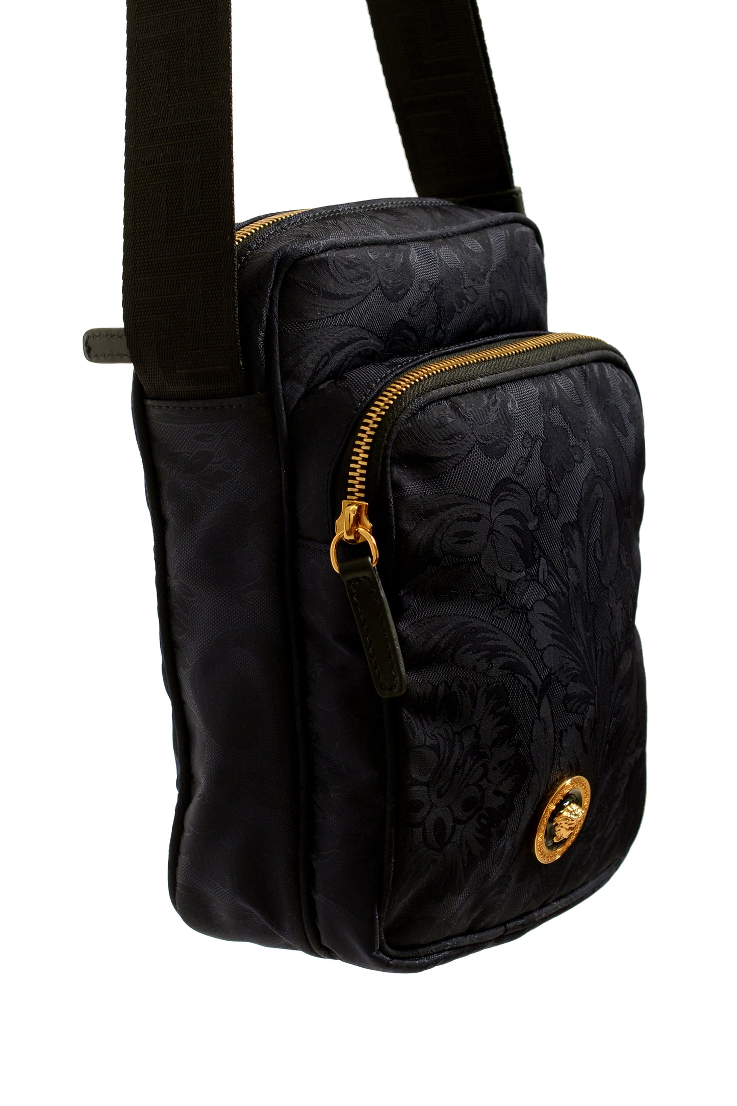 Versace Unisex Floral Print Navy Blue Gold Medusa Handbag Crossbody Bag