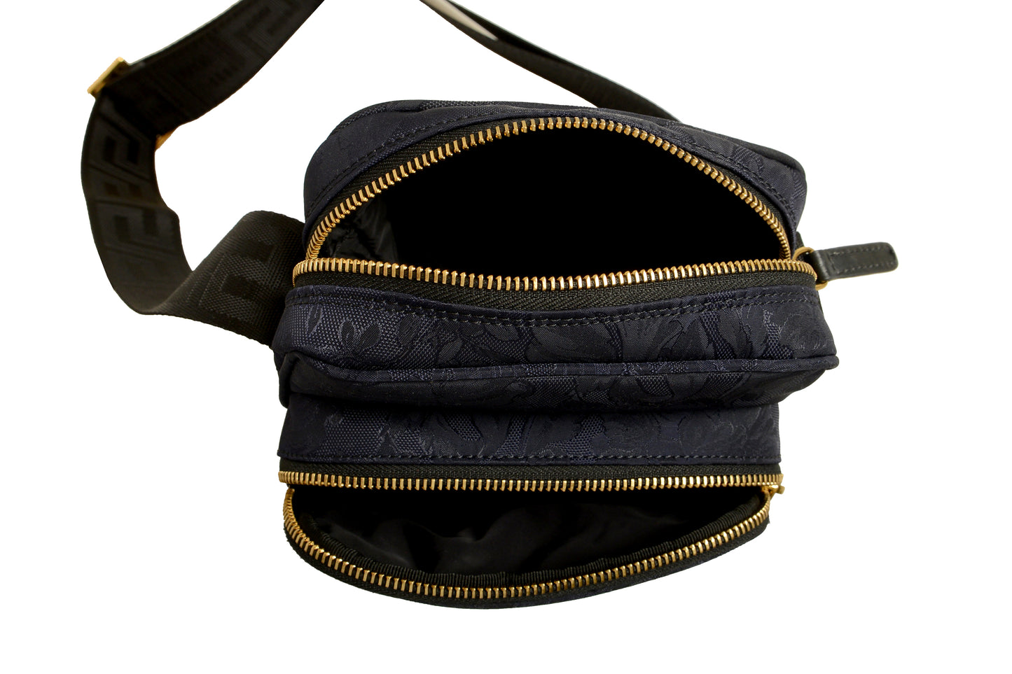 Versace Unisex Floral Print Navy Blue Gold Medusa Handbag Crossbody Bag