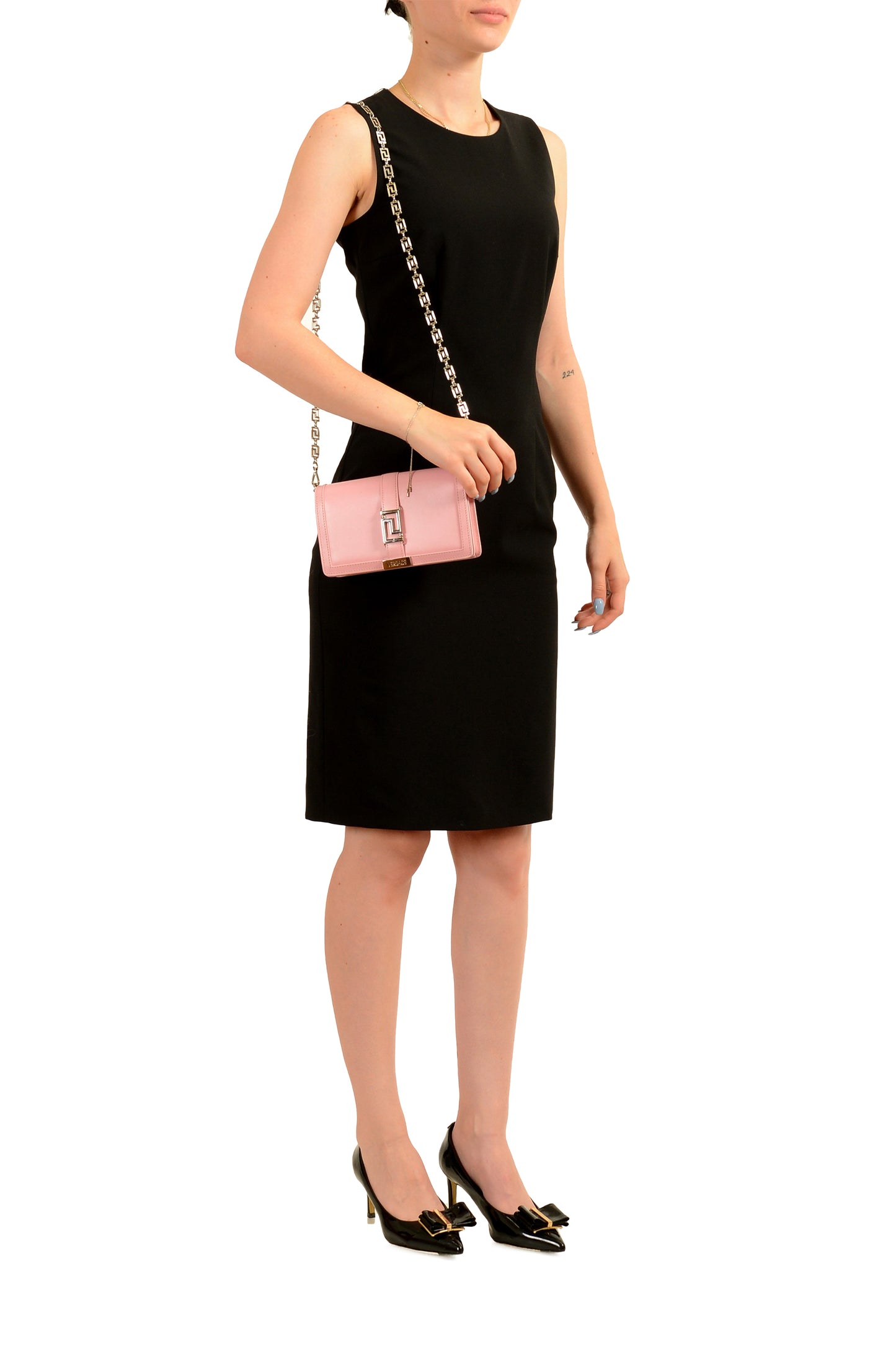Versace Pink 100% Leather Greeca Chain Clutch Wallet Shoulder Bag