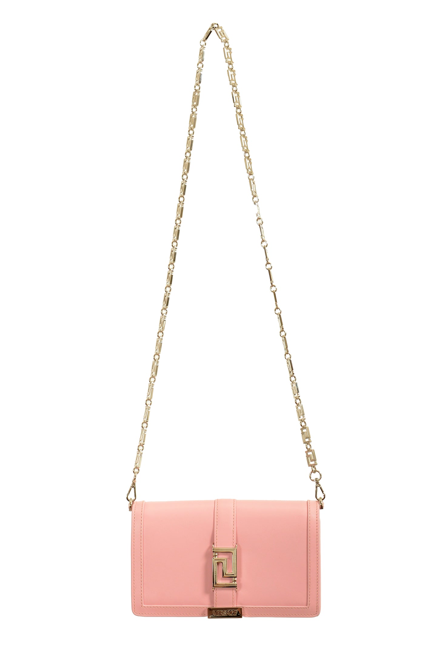 Versace Pink 100% Leather Greeca Chain Clutch Wallet Shoulder Bag