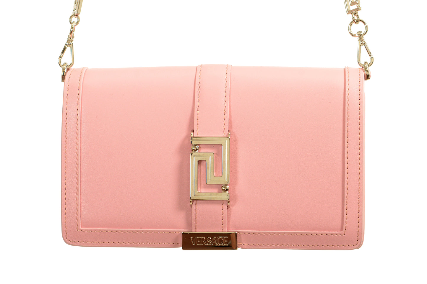 Versace Pink 100% Leather Greeca Chain Clutch Wallet Shoulder Bag