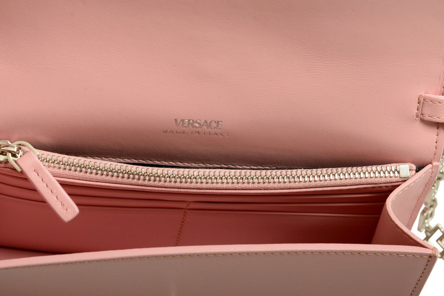 Versace Pink 100% Leather Greeca Chain Clutch Wallet Shoulder Bag