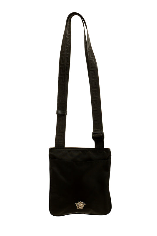Versace Black Silver Medusa Fabric Shoulder Crossbody Bag