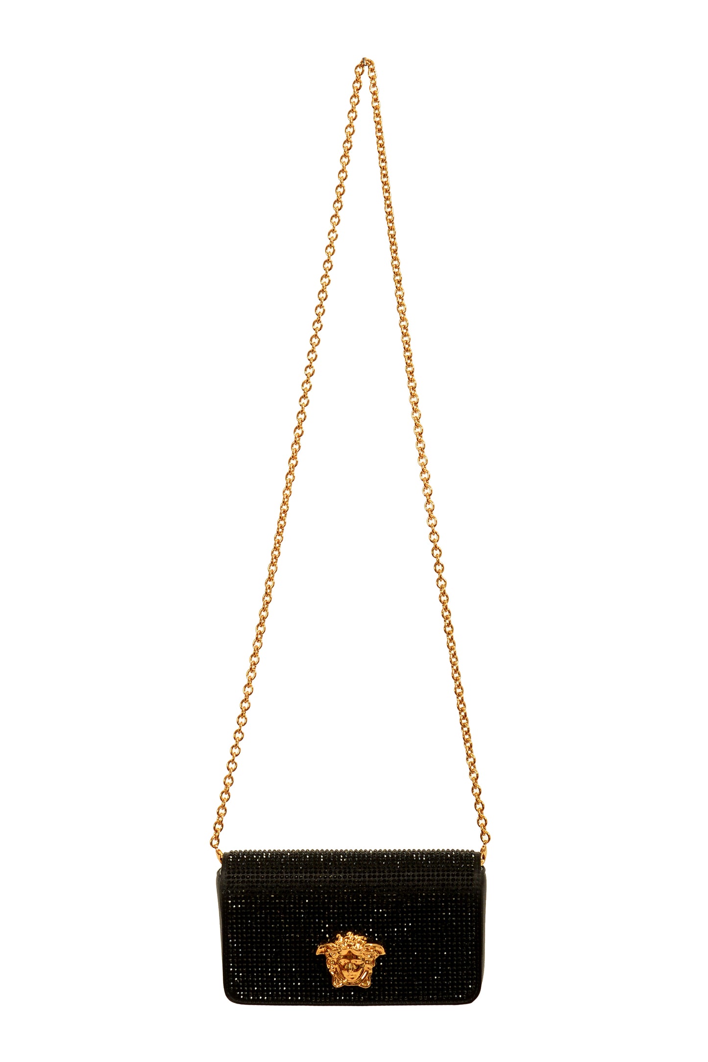 Versace Women's Black Strass Gold Medusa Mini Shoulder Bag Wallet On Chain