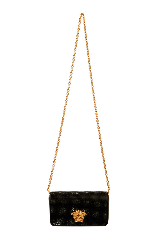 Versace Women's Black Strass Gold Medusa Mini Shoulder Bag Wallet On Chain