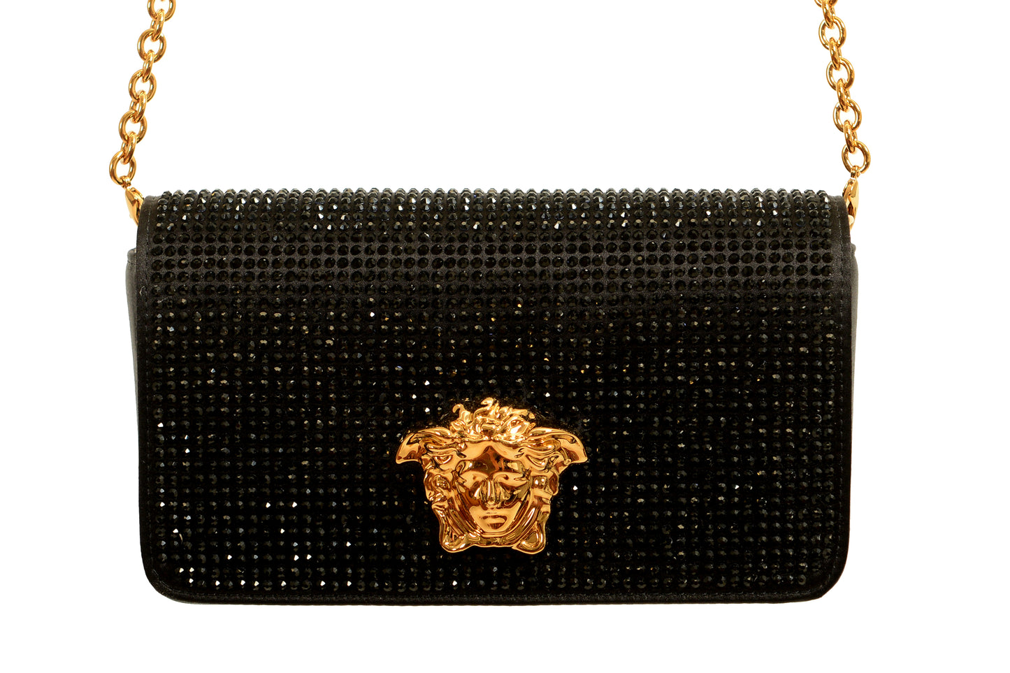 Versace Women's Black Strass Gold Medusa Mini Shoulder Bag Wallet On Chain