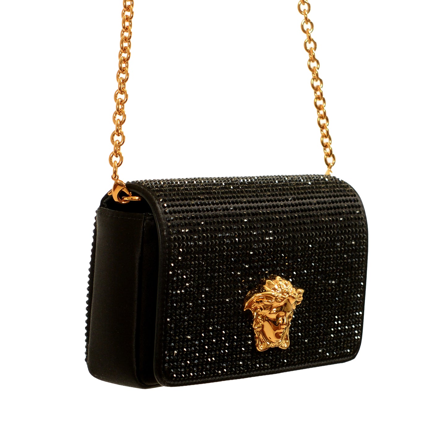 Versace Women's Black Strass Gold Medusa Mini Shoulder Bag Wallet On Chain