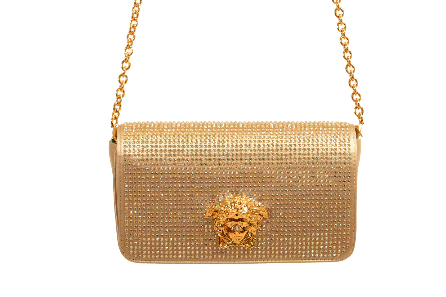 Versace Women's Bronze Strass Gold Medusa Mini Shoulder Bag Wallet On Chain
