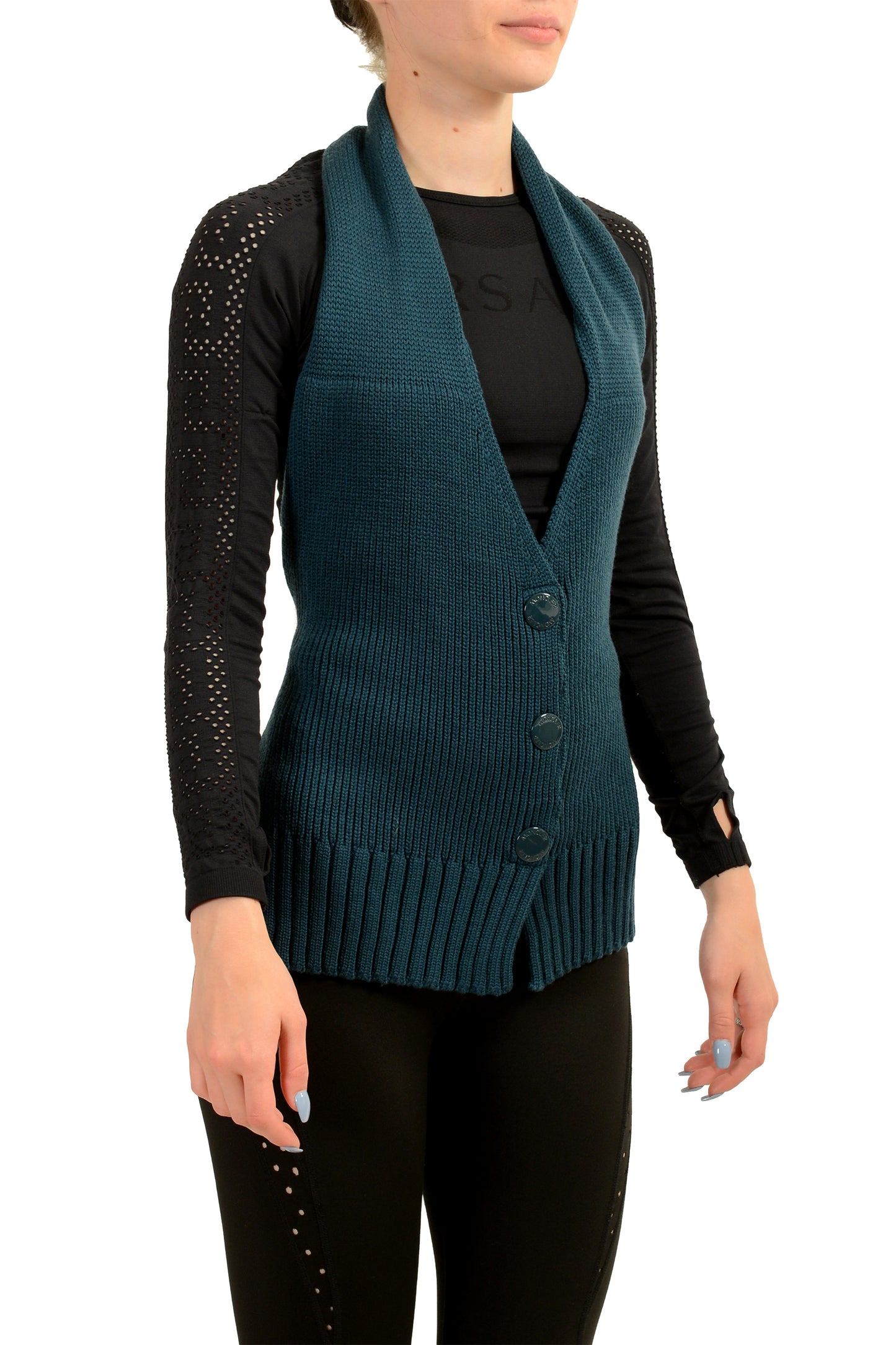 Moncler Women's "Gilet" Teal Blue 100% Wool Knitted Front Vest US S IT 40