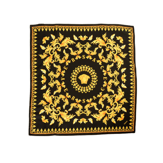 Versace Black & Gold Versace Signature Print 100% Silk Shawl Scarf Bandana