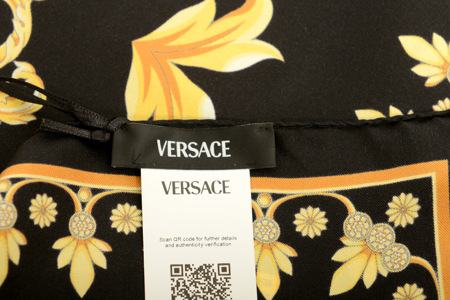 Versace Black & Gold Versace Signature Print 100% Silk Shawl Scarf Bandana