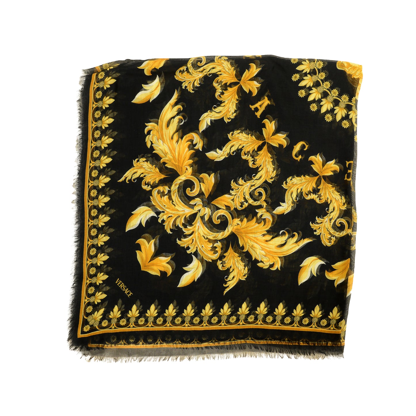 Versace Black & Gold Barocco Heritage Print Shawl Scarf