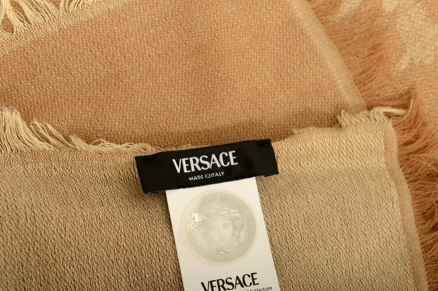 Versace Champagne Beige Jacquard Barocco Heritage Print Shawl Scarf