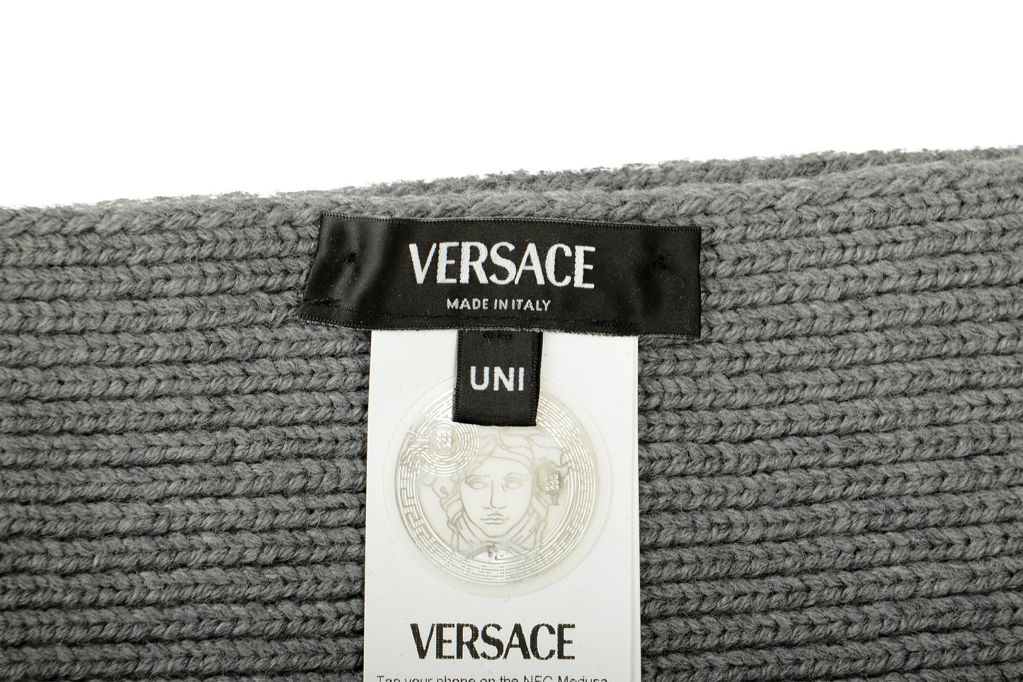Versace Unisex Gray 100% Wool Ribbed Knitted Long Scarf
