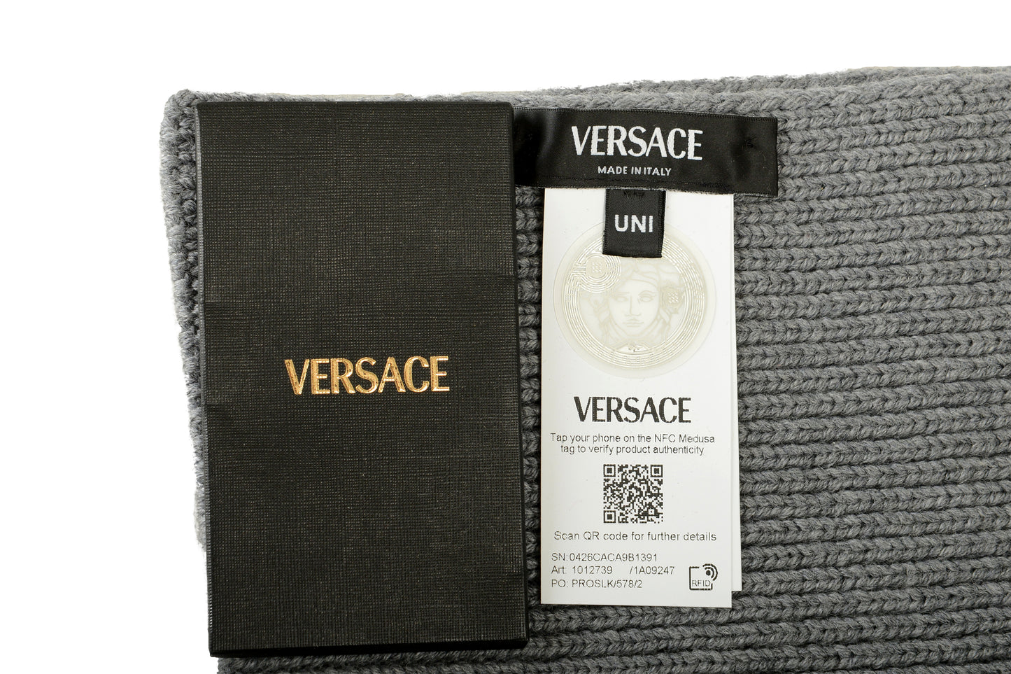 Versace Unisex Gray 100% Wool Ribbed Knitted Long Scarf