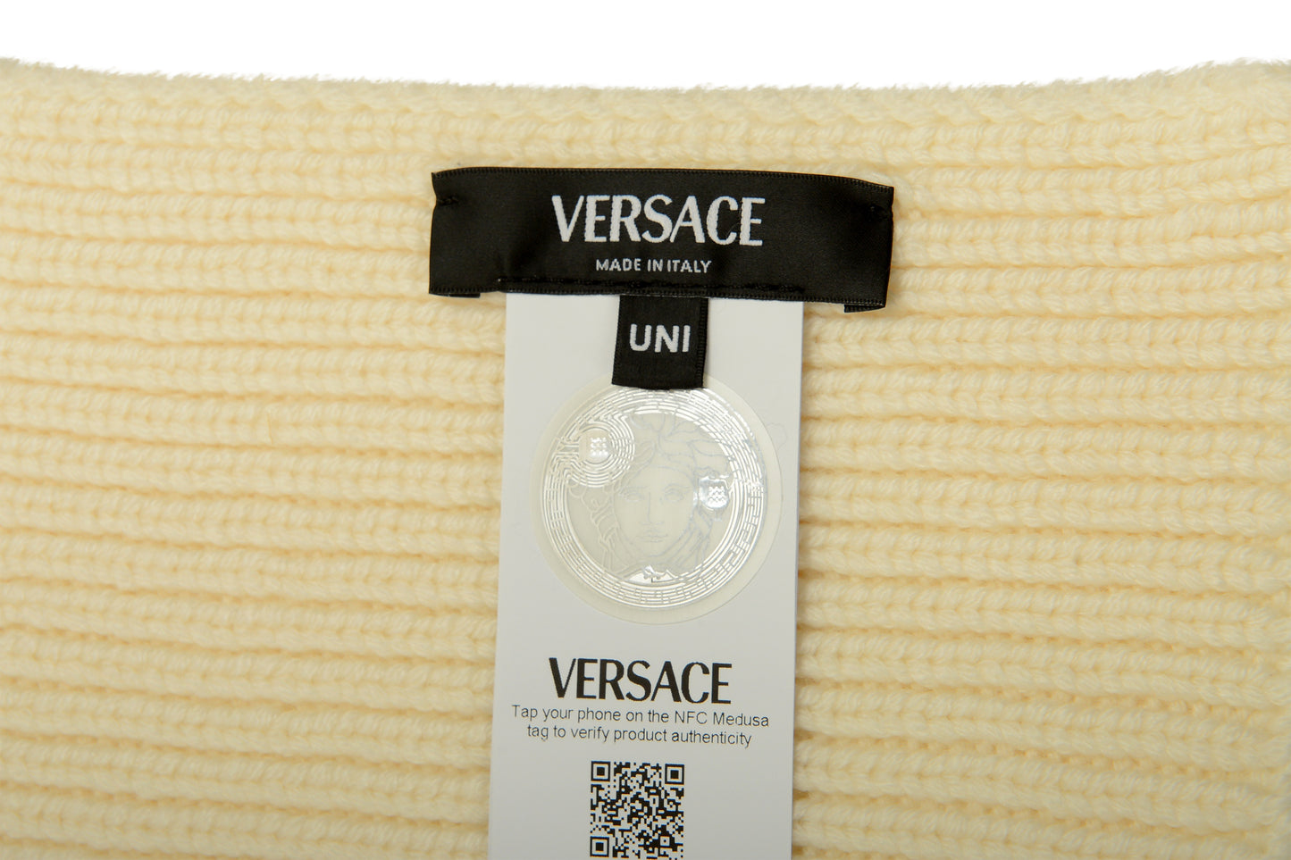Versace Unisex Ivory 100% Wool Ribbed Knitted Long Scarf