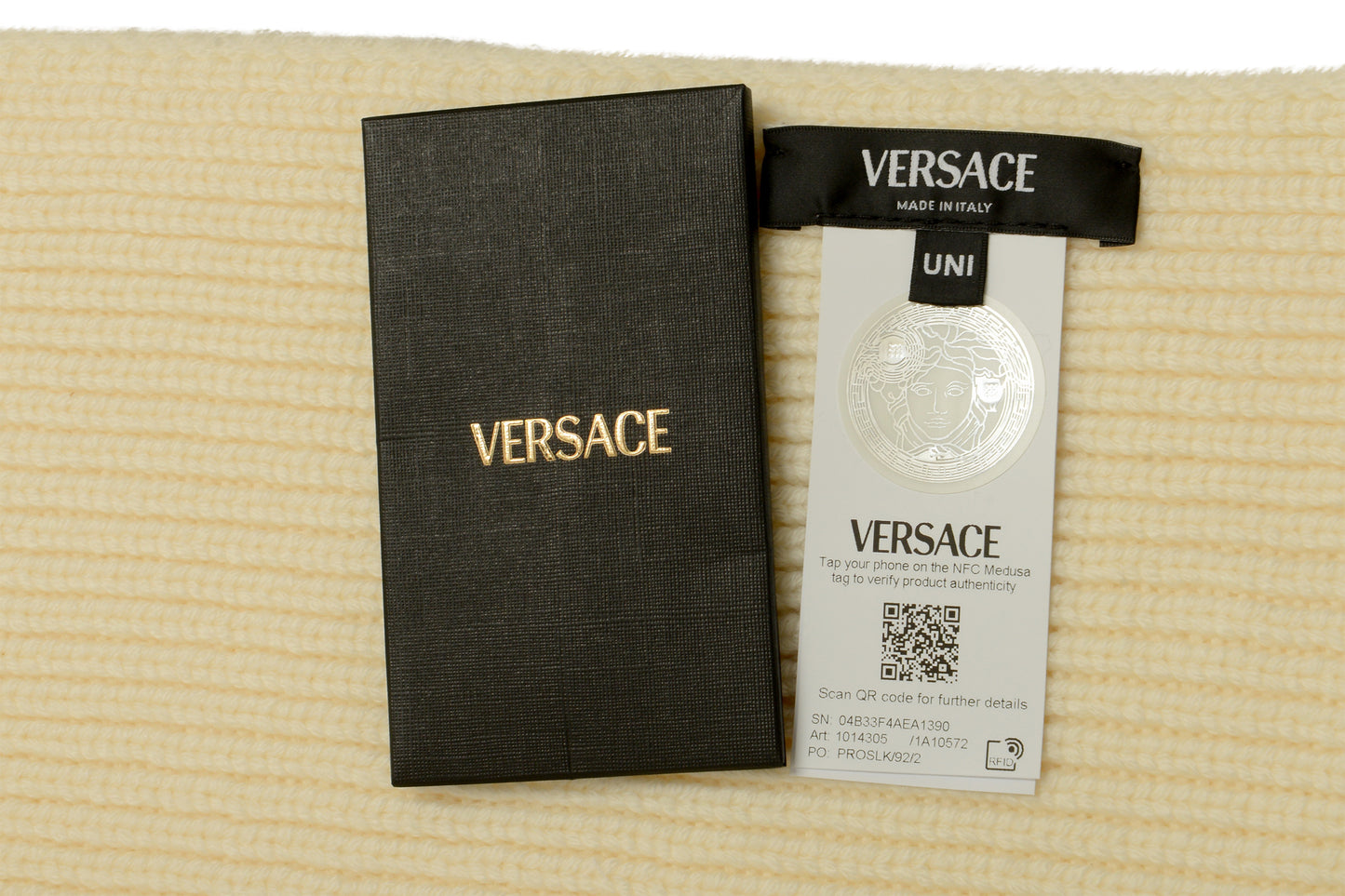 Versace Unisex Ivory 100% Wool Ribbed Knitted Long Scarf