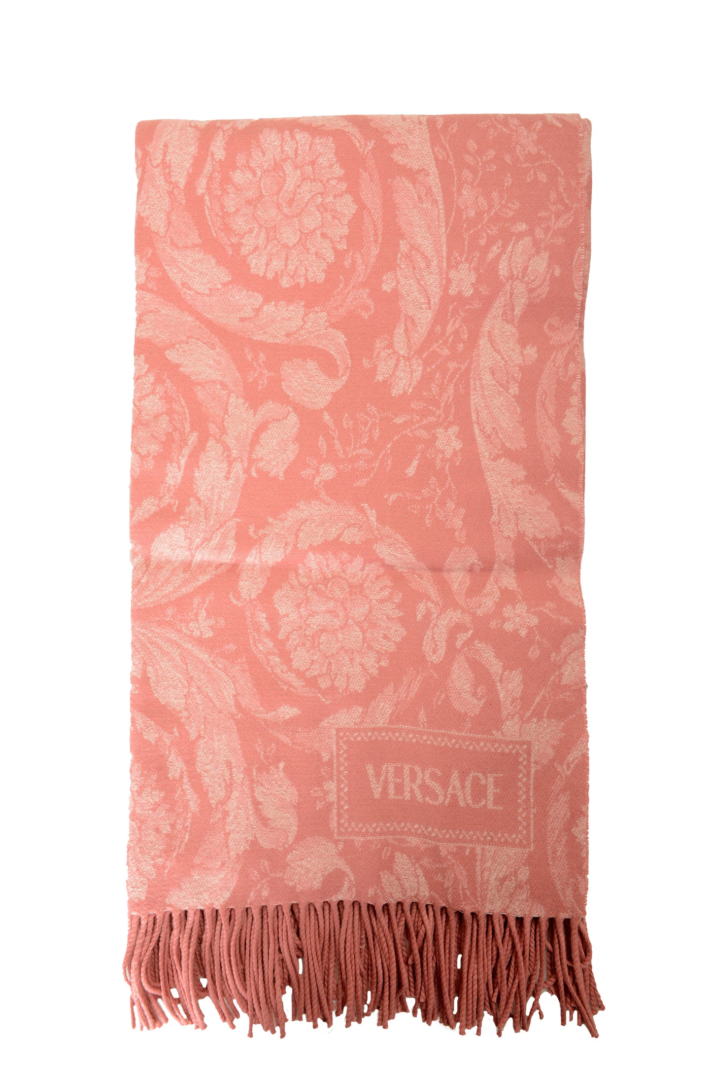 Versace Pink Rose Barocco Print Wool Cashmere Silk Blanket Throw