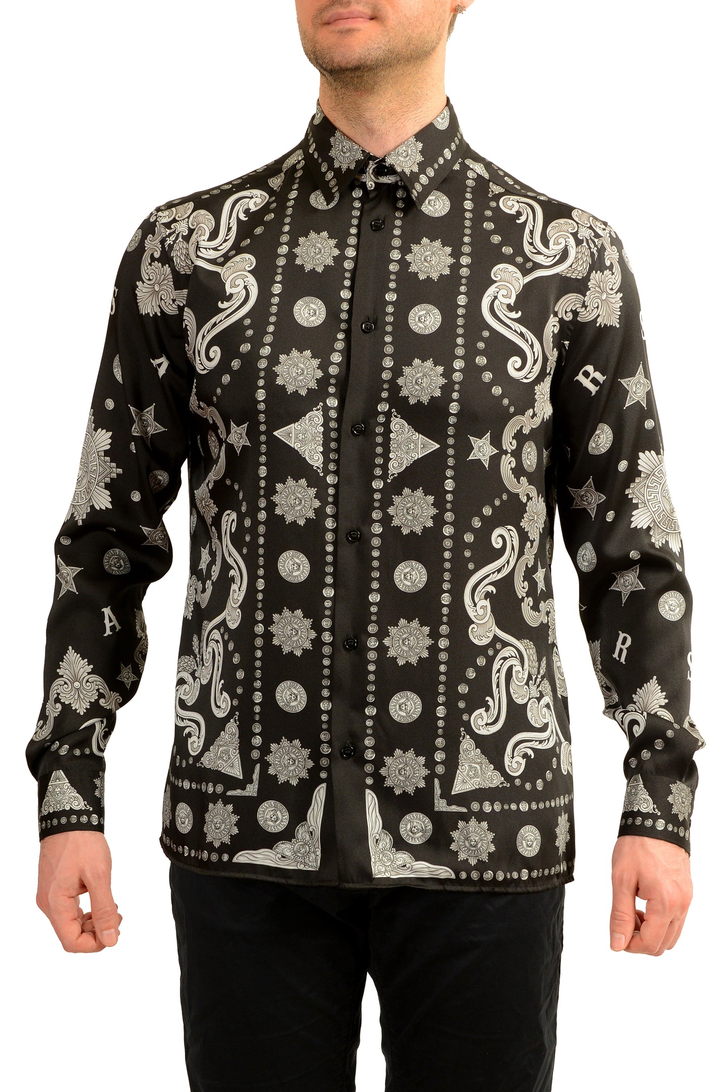 Versace Men's Black & Silver Barocco Print Long Sleeve Shirt US M IT 50