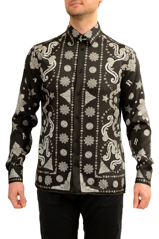 Versace Men's Black & Silver Barocco Print Long Sleeve Shirt US M IT 50