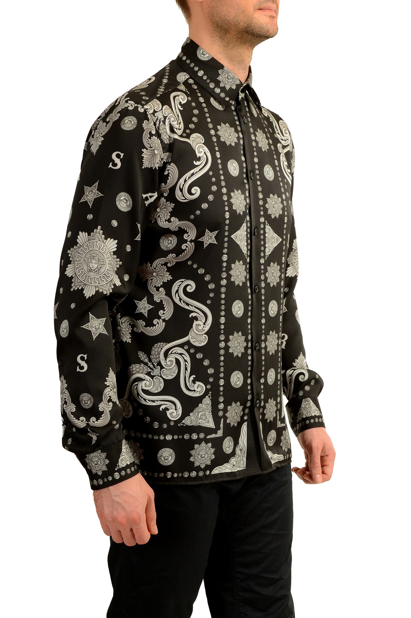Versace Men's Black & Silver Barocco Print Long Sleeve Shirt US M IT 50