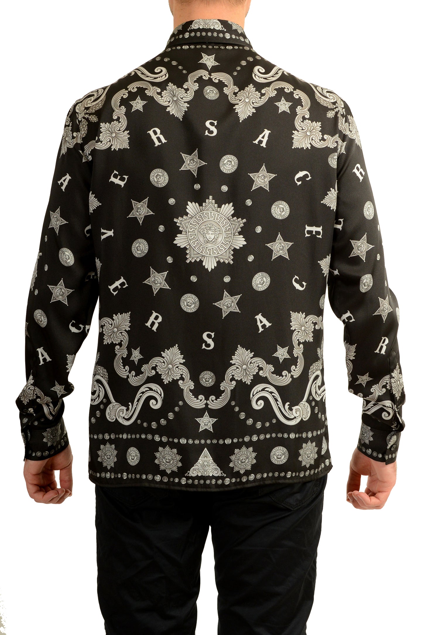 Versace Men's Black & Silver Barocco Print Long Sleeve Shirt US M IT 50