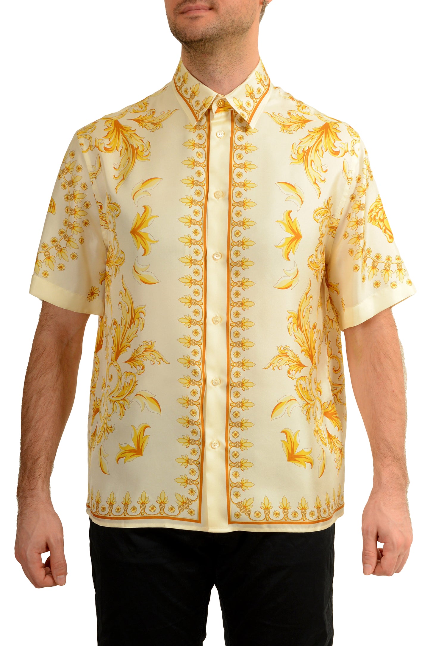 Versace Men's Signature Print Ivory & Gold 100% Silk Shirt US M IT 50